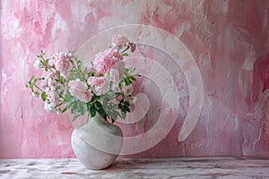 Elegant Pink Peonies in White Ceramic Vase on Table Against Textured Pastel Wall