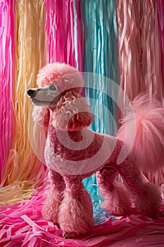 Elegant Pink Poodle Standing Proudly in Front of Colorful Streamers Background with Fluffy Tail and Perfect Groom