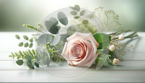 Elegant Pink Rose with Eucalyptus on White Wooden Background, AI Generated