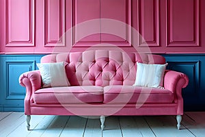 Elegant Pink Sofa in Blue-Pink Chic Interior. Concept Home Decor, Interior Design, Elegant