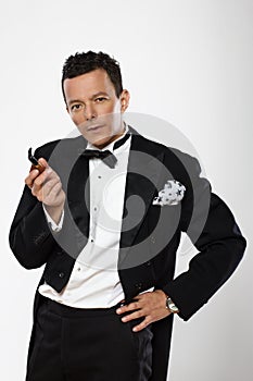 Elegant pipe smoker on white background.