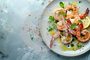 Elegant plate of grilled shrimp with a drizzle of olive oil and a sprinkle of herbs, alongside fresh lemon slices.