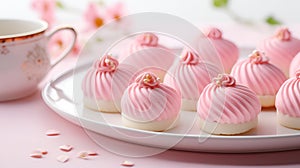 Elegant plate with small pink cakes with soft focus, ready for tea party