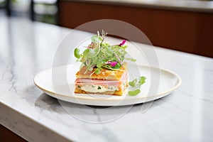 elegant plating of croque monsieur at a high-end brasserie