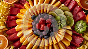 An elegant platter of exotic fruits arranged to resemble a vibrant bouquet of colors and shapes photo
