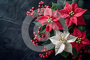 Elegant Poinsettias with Berries: A Festive Contrast. Concept Holiday Decor, Winter Florals, Festive Interiors, Christmas