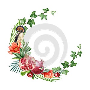 Elegant pomegranate fruit half-wreath watercolor illustration. Hand drawn exotic flower, leaf and fruit decorative frame.