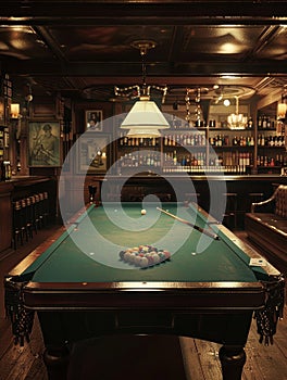 Elegant pool table in a classic, well-lit bar with stocked shelves and rich wooden decor.