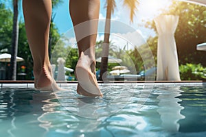 Elegant poolside scene Womans feet above water, exuding beauty