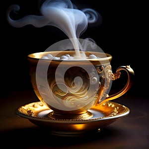 Elegant Porcelain Cup, Exquisitely Painted with Gold, Surrounded by a Whiff of Steam from the Scintillating Cup of Coffee