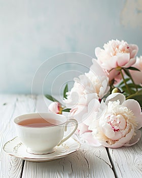 Elegant porcelain tea cup with soothing tea and blooming peonies, a serene tabletop still life.