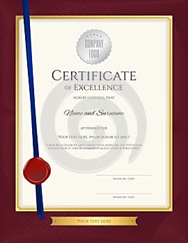 Elegant portrait certificate template for excellence, achievement, appreciation or completion on red border background