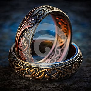 two metal rings with intricate floral designs on them. bronze carving, generative ai