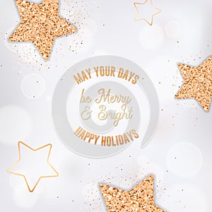 Elegant Postcard with Gold Stars and Glitter on White Blurred Background. Happy Holidays Greeting Card for Christmas