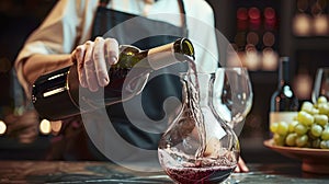 Elegant Pour - A sommelier pouring red wine into decanter