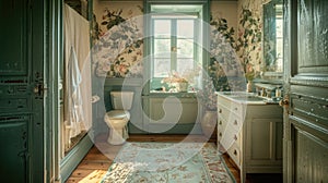 An elegant powder room with walls lined in a two-color floral study wallpaper, a soft-edged floral pattern on the shower photo