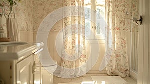 An elegant powder room with walls lined in a two-color floral study wallpaper, a soft-edged floral pattern on the shower photo