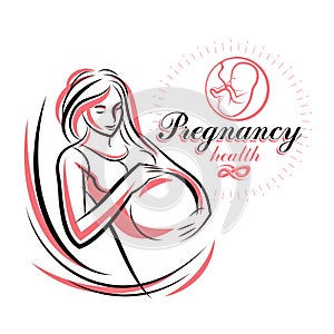 Elegant pregnant woman body silhouette drawing. Vector illustration of mother-to-be fondles her belly.