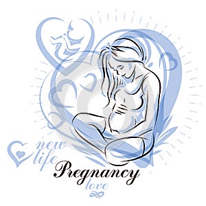 Elegant pregnant woman body silhouette drawing. Vector illustration of mother-to-be fondles her belly. Gynecology and pregnancy m