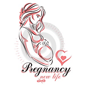 Elegant pregnant woman body silhouette drawing. Vector illustration of mother-to-be fondles her belly. Gynecology and pregnancy m