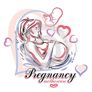 Elegant pregnant woman body silhouette drawing. Vector illustration of mother-to-be fondles her belly. Maternity hospital