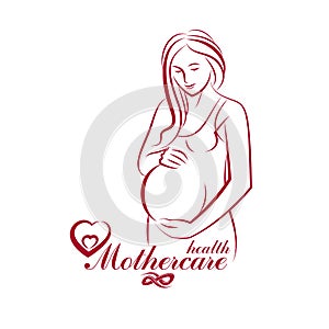 Elegant pregnant woman body silhouette drawing. Vector illustration of mother-to-be fondles her belly. Medical center for