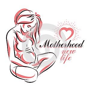 Elegant pregnant woman body silhouette drawing. Vector illustration of mother-to-be fondles her belly. Medical center for