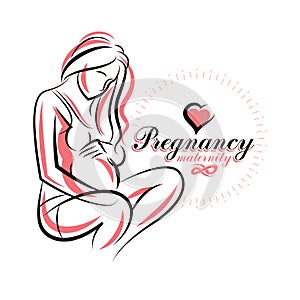 Elegant pregnant woman body silhouette drawing. Vector illustration of mother-to-be fondles her belly. Medical rehabilitation and