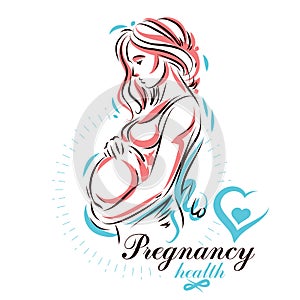 Elegant pregnant woman body silhouette drawing. Vector illustration of mother-to-be fondles her belly. Mother Day conceptual flyer