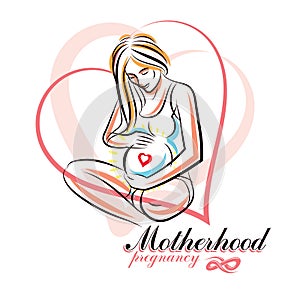 Elegant pregnant woman body silhouette drawing. Vector illustration of mother-to-be fondles her belly. Mothers day conceptual