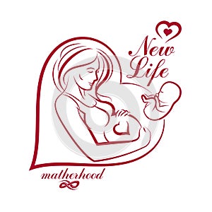 Elegant pregnant woman body silhouette drawing. Vector illustration of mother-to-be fondles her belly. Obstetrics and gynecology