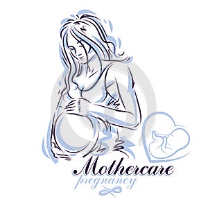 Elegant pregnant woman body silhouette drawing. Vector illustration of mother-to-be fondles her belly. Obstetrics and gynecology