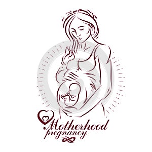 Elegant pregnant woman body silhouette drawing. Vector illustration of mother-to-be fondles her belly. Pregnancy support and