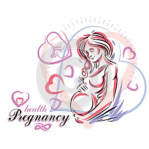 Elegant pregnant woman body silhouette drawing. Vector illustration of mother-to-be fondles her belly. Reproduction clinic