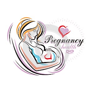 Elegant pregnant woman body silhouette drawing. Vector illustration of mother-to-be fondles her belly. Reproduction clinic