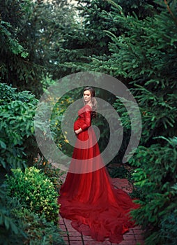 An elegant, pregnant woman walks in a beautiful garden in a luxurious, expensive red dress with a long train. Artistic