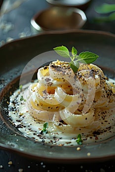 Elegant presentation of pasta rings on a creamy sauce.