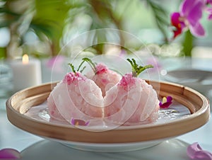 Elegant Presentation of Pink Mochi Ice Cream Dessert on Wooden Plate with Orchid Decor at Spa