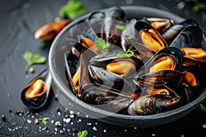 Elegant presentation of traditional mediterranean grilled mussels on a sleek black plate