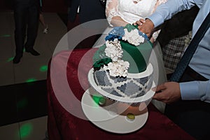 Elegant pretty young bride and groom cut the wedding cake