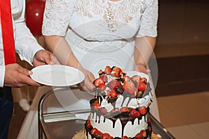 elegant pretty young bride and groom cut the wedding cake