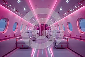 Elegant Private Jet Interior with Neon Glow. Concept Luxury Travel, Neon Lighting, Private Jet,