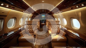 Elegant Private Jet Interior with Plush Seating and Ambient Lighting. Concept Luxury Travel,