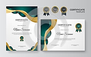 Elegant and professional green and gold award certificate template. Modern simple certificate with gold badge and border vector