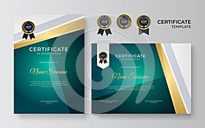 Elegant and professional green and gold award certificate template. Modern simple certificate with gold badge and border vector
