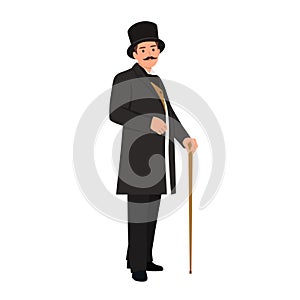 Elegant proud man of the nineteenth century. The gentleman in a frock coat and a top hat, holds a cane in hand