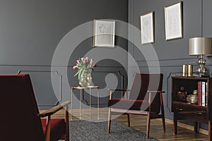 Elegant psychologist`s office interior with two red armchairs fa