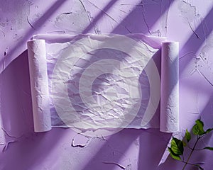 Elegant Purple Background with White Curled Paper and Green Leaf Shadow Abstract Conceptual Design