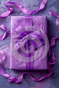Elegant Purple Gift with Satin Bow on Textured Background Surrounded by Petal Confetti Perfect for Holidays, Birthdays, and