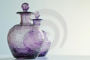 Elegant purple glass decanters on white background photo